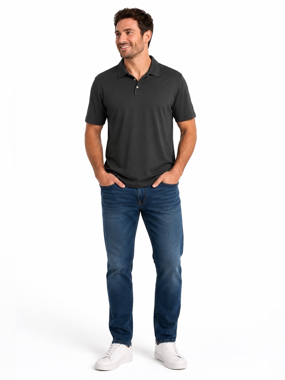 Lands End Mens Moisture Wicking Athletic Polo in Steel Grey Sz L
